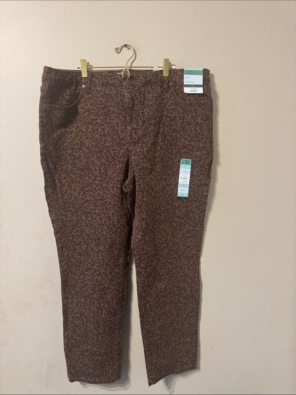 Plus Size Terra & Sky Brown Animal Print High Rise Straight Leg Jeans sz 18 NEW